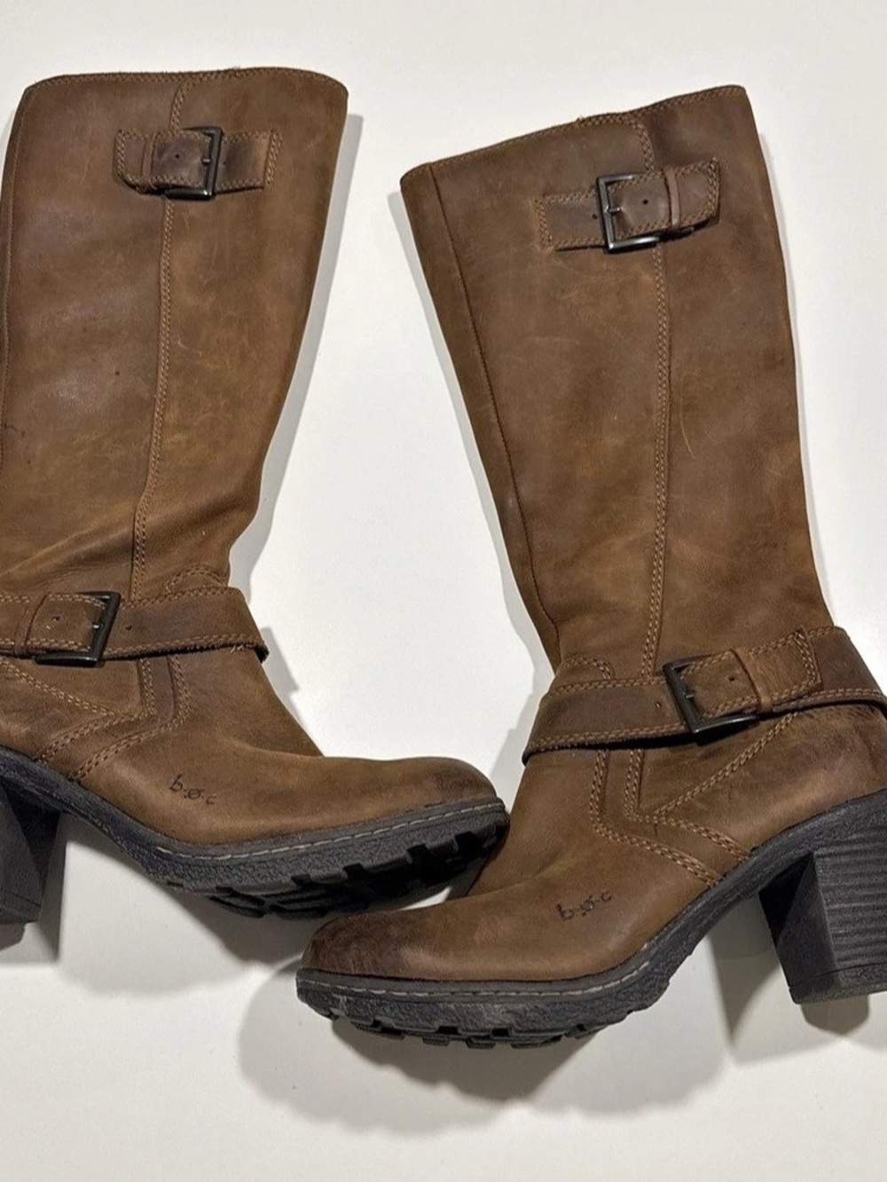 Born BOC Women 7 Brown Leather Nubuck Tall Riding Boots Block Heel Buckle